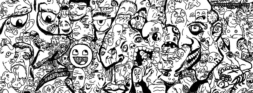 Crazy Cartoon Faces Black & White Wallpaper