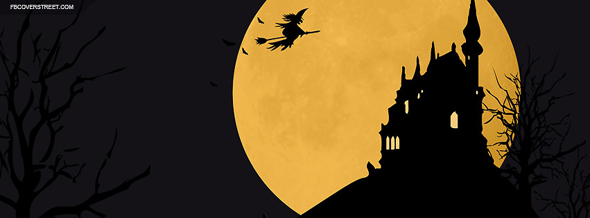 Witch Flying Over Full Moon and Scary Castle Wallpaper